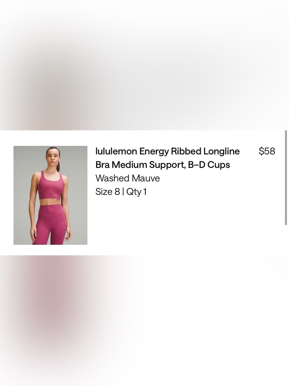 lululemon Energy Ribbed Longline Bra Medium Support, B-D Cups washed mauve